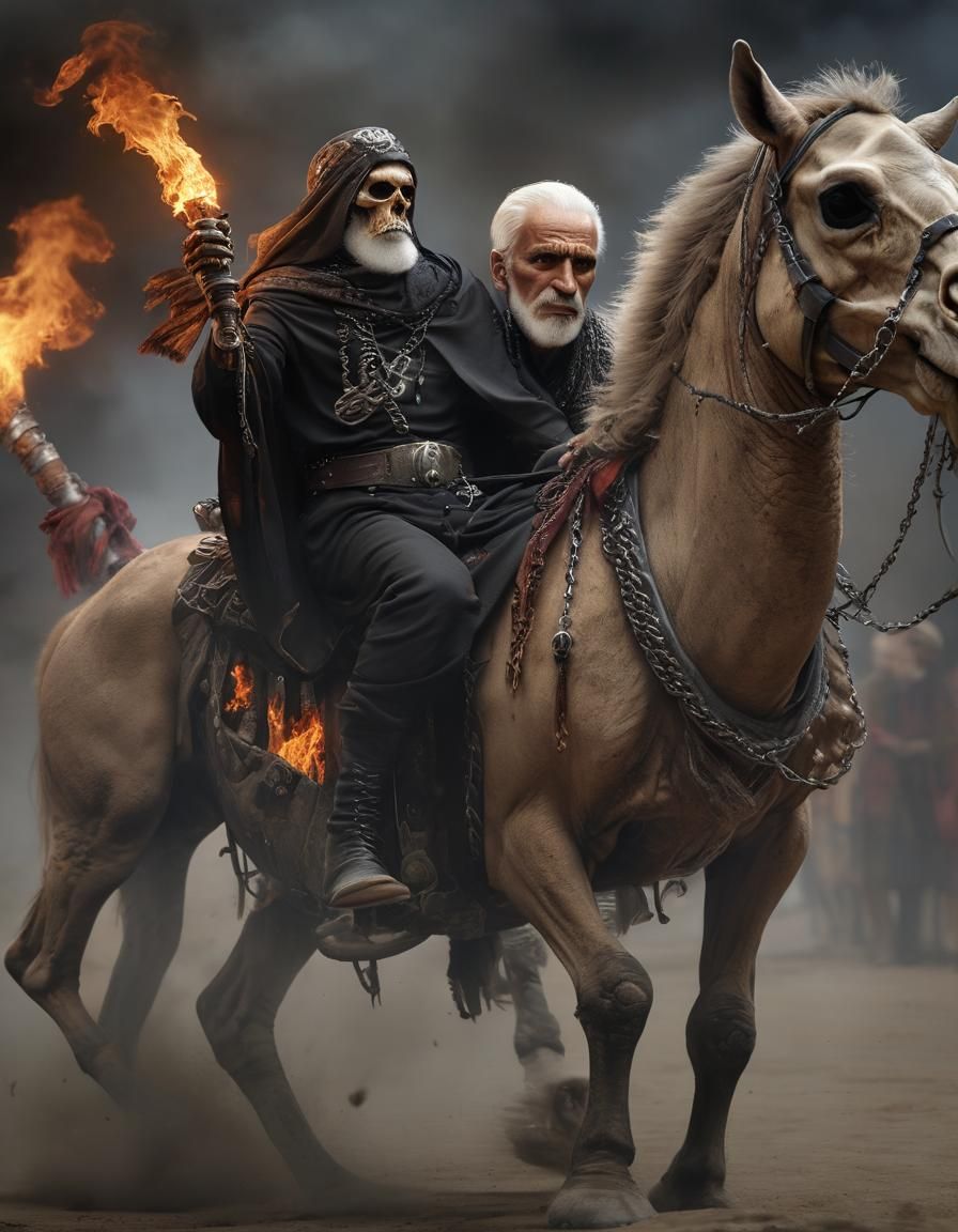 Flaming Skull Palestinian Warrior Rides Burning Camel