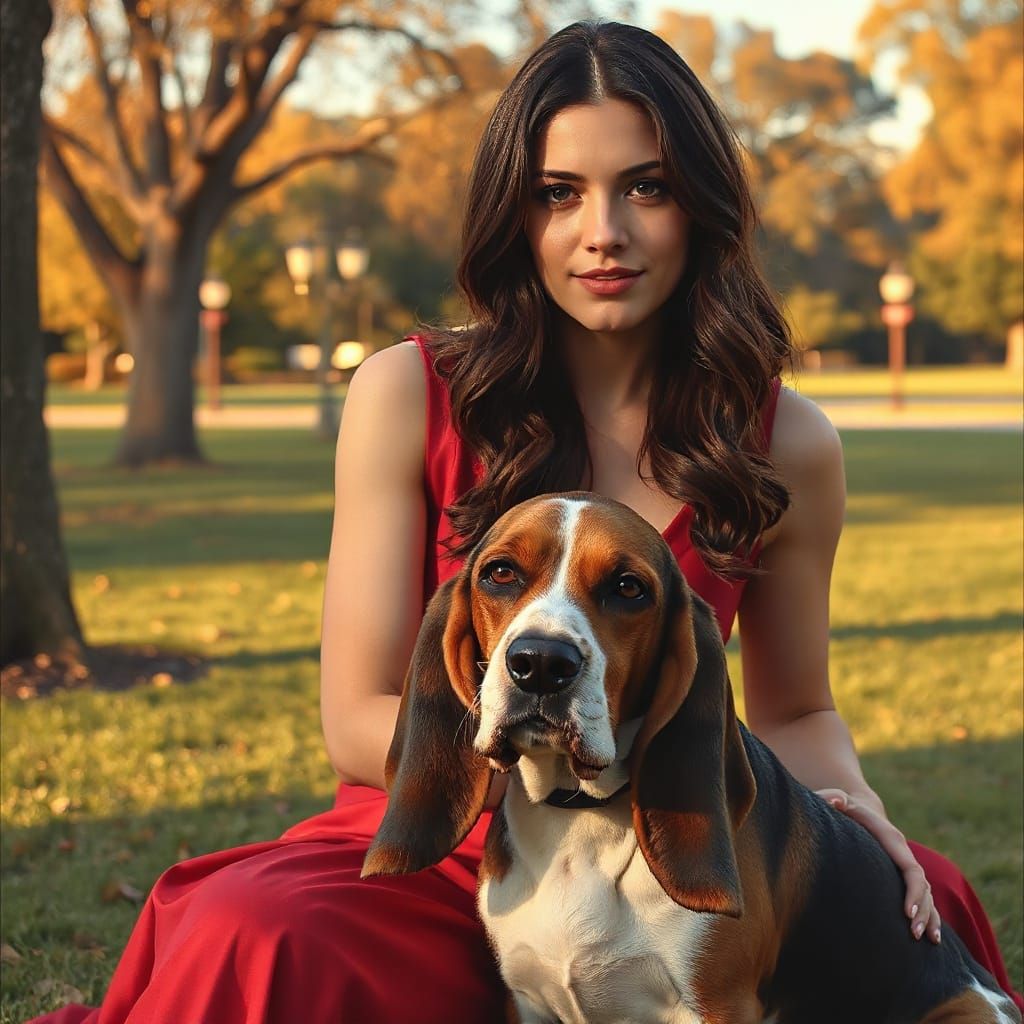 Woman in Red Dress Poses with Basset Hound in Golden Hour Pa...