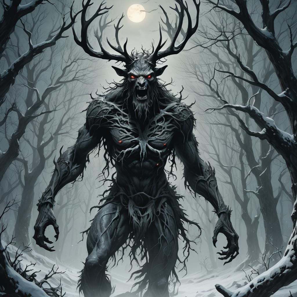 Wendigo Rises from Snowy Forest: Dark Fantasy Illustration
