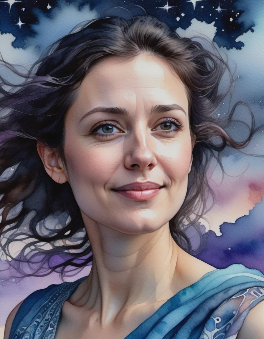 Close-up Watercolor Portrait with Fractal Maximalism