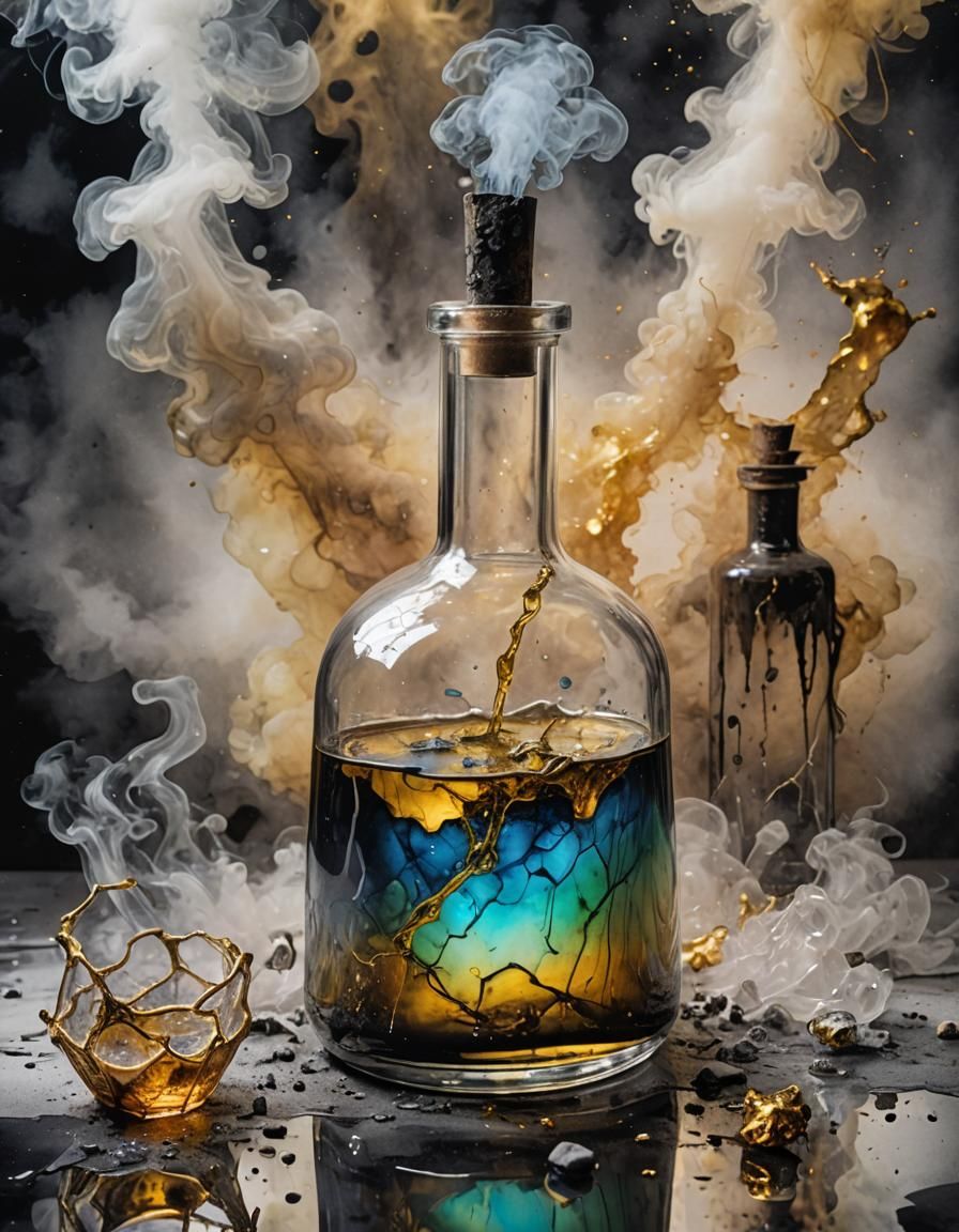 Iridescent Liquid in Glass Flask: Mixed Media Collage