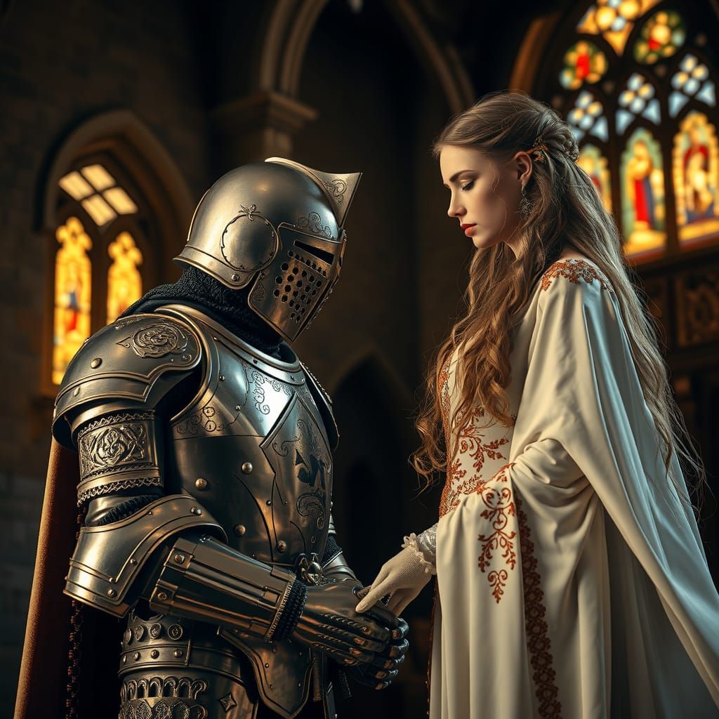 Knight Bowing Before Princess in Medieval Setting