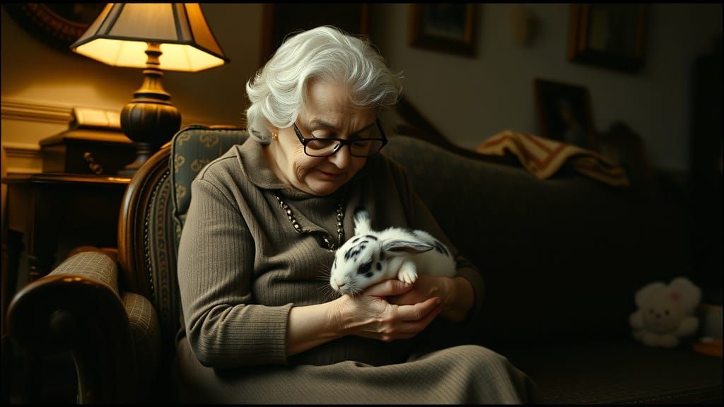 Elderly Woman Cradles Sleeping Rabbit on Vintage Sofa