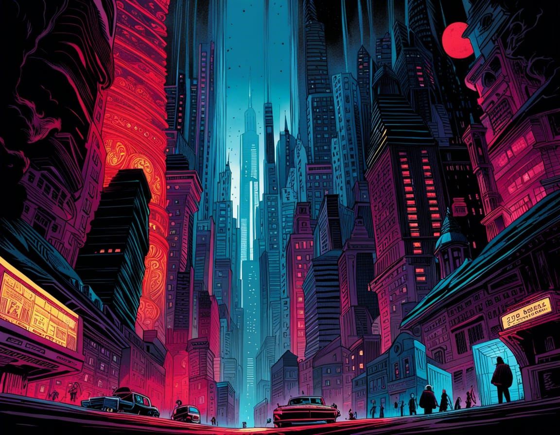 Detailed Crimson Cityscape in Comic Book Style