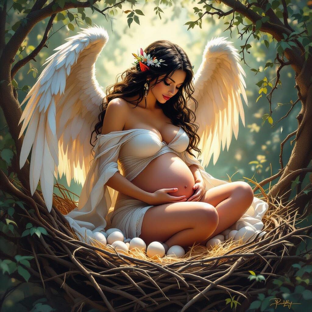 Pregnant Harpy Lays Eggs in Ethereal Digital Painting