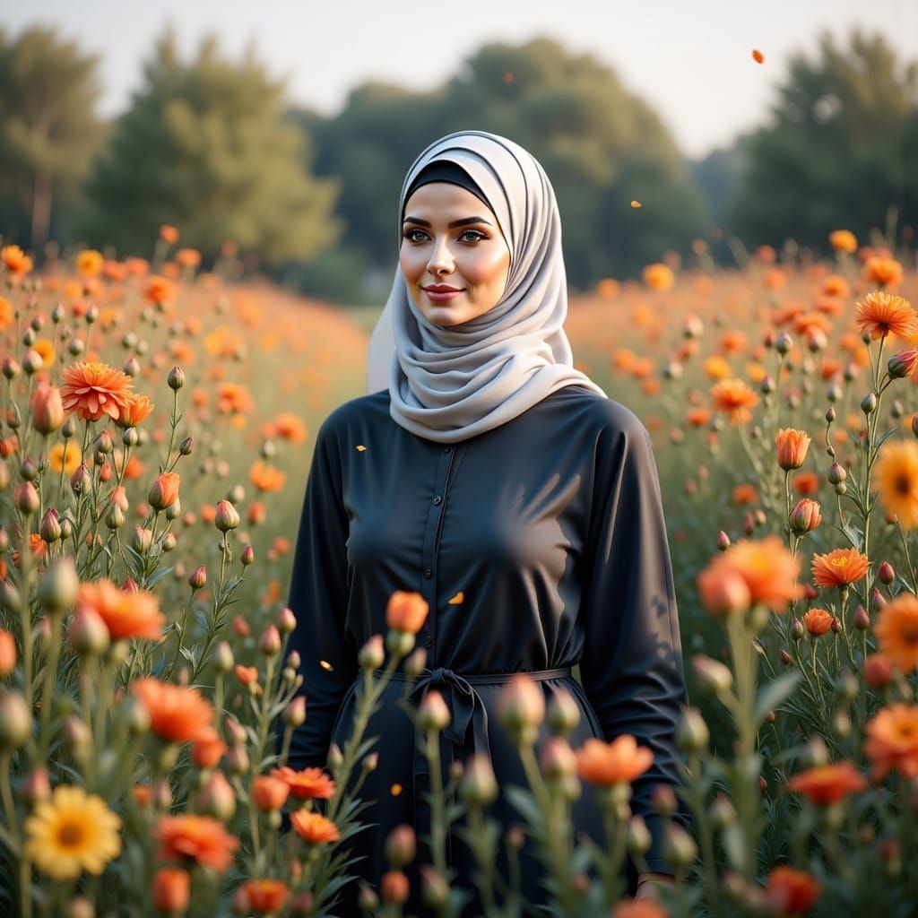 European Woman in Floral Field, Modest Dress