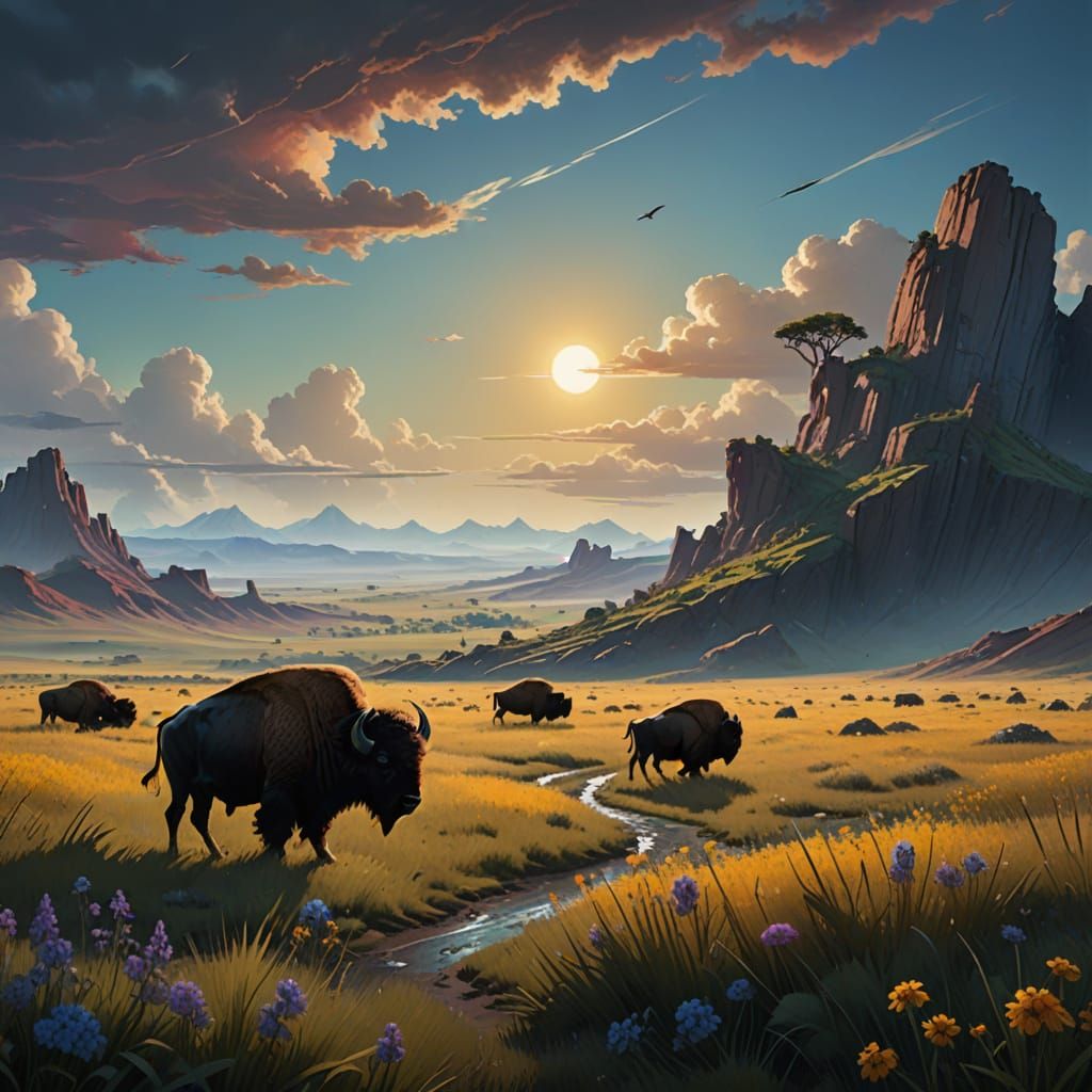 Sweeping American Prairie Landscape with Majestic Buffalo He...