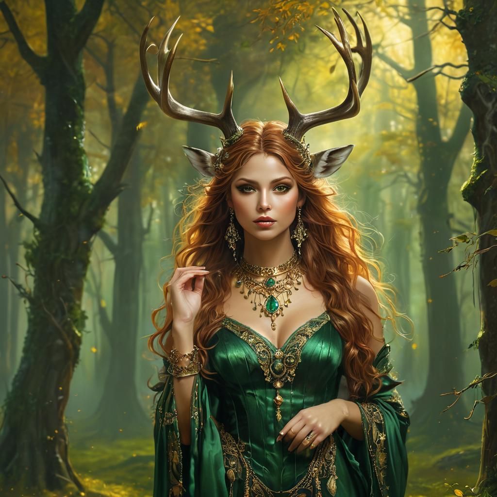 Bronze Woman with Antlers in Moonlit Glade