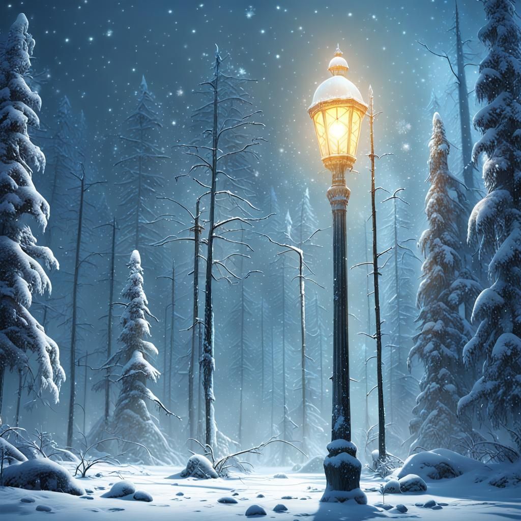 Glowing Lamppost in Snowy Forest: Fantasy Matte Painting