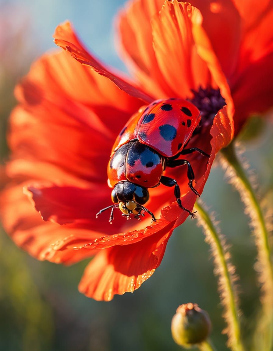 Ladybug on Poppy in Impressionist Oil Painting