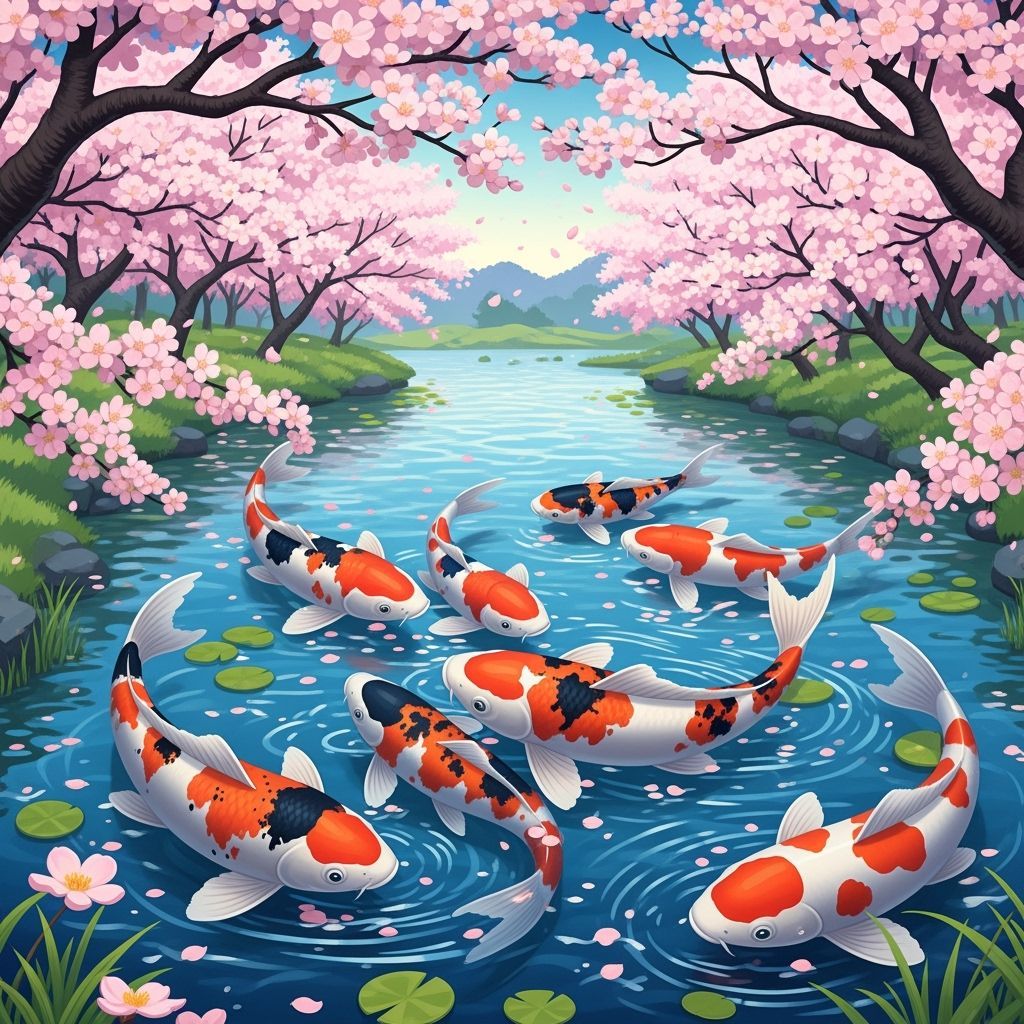 Tranquil Koi Pond with Cherry Blossoms in Japanese Style
