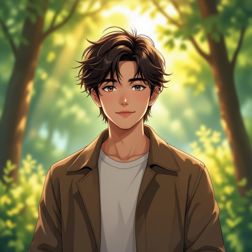 Elegant Anime Man in Sunlit Landscape