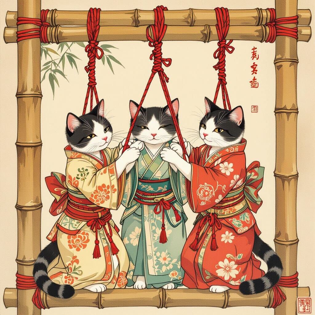 Cats in Shibari Ropes Drawn in Art Nouveau Style