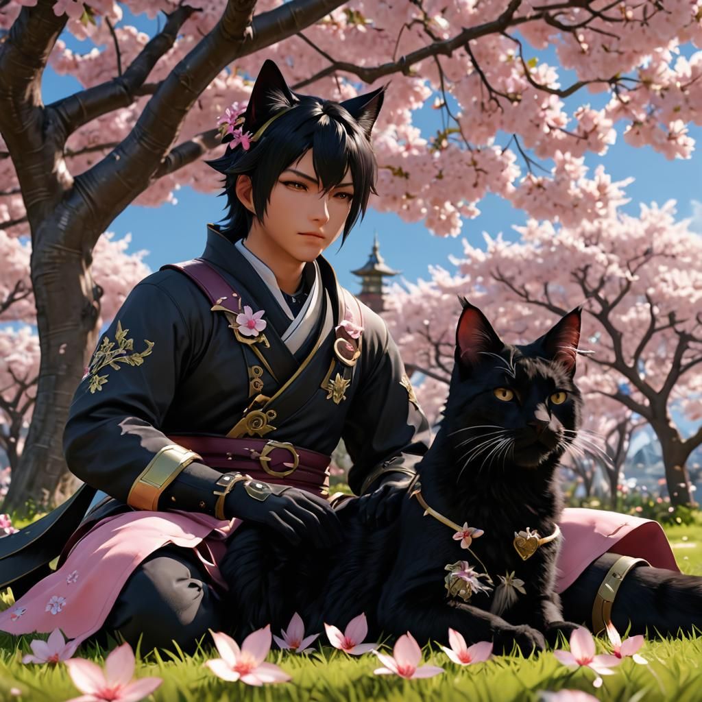 Anime Couple Under Sakura Tree in 3D Style