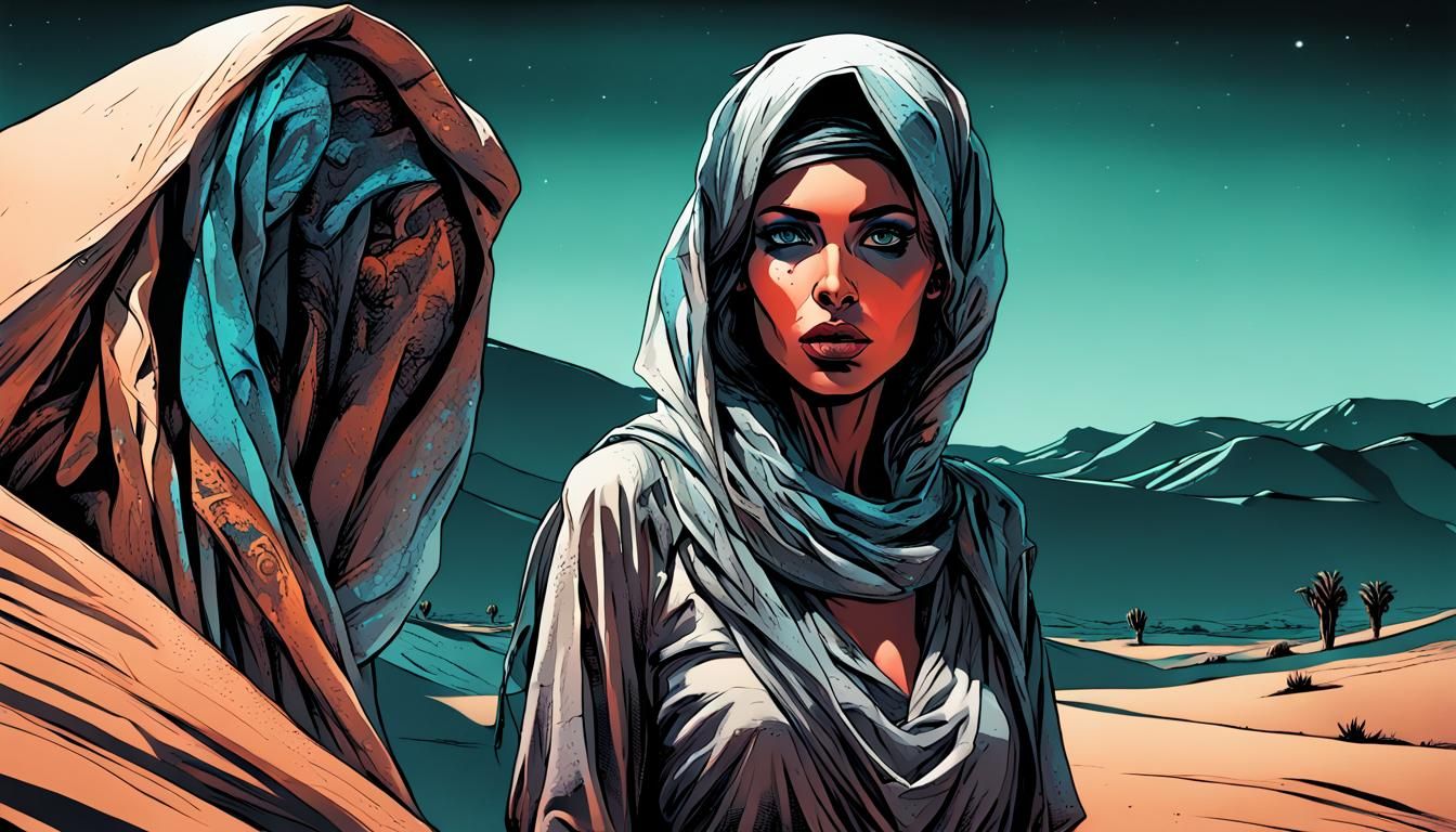 Beduin Woman in Bioluminescent Desert, Comic Noir Style