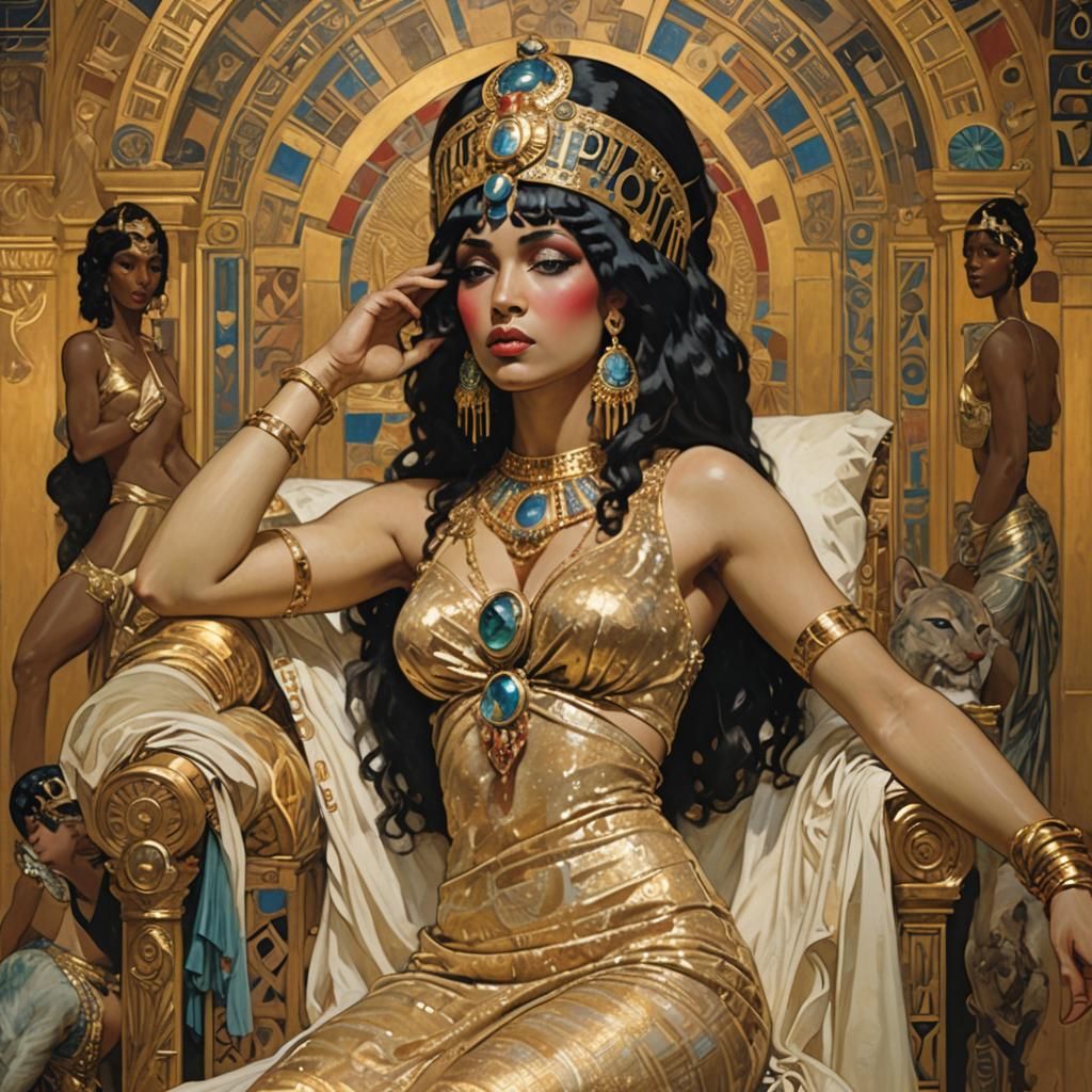 Cleopatra on Gilded Throne as Art Nouveau Cover