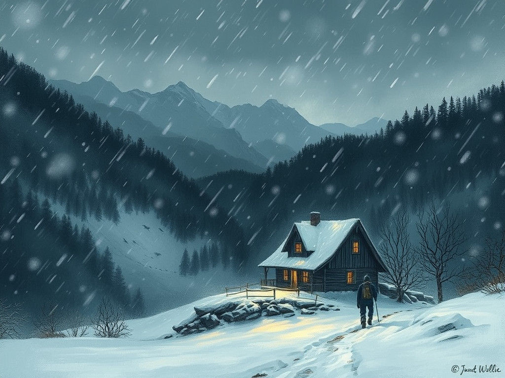 Snowy Valley Scene with Cozy House and Lonely Hiker in Cyber...