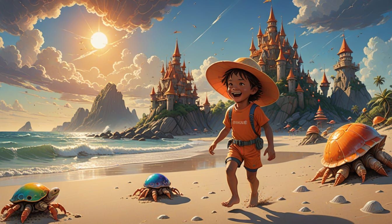 Epic Beach Castle Defense in Vibrant Hyperrealism