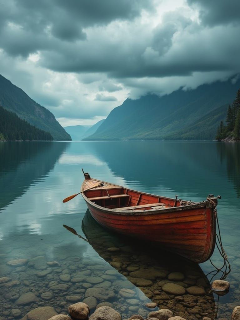 Surreal Wooden Rowboat Scene in a Serene Lake Landscape