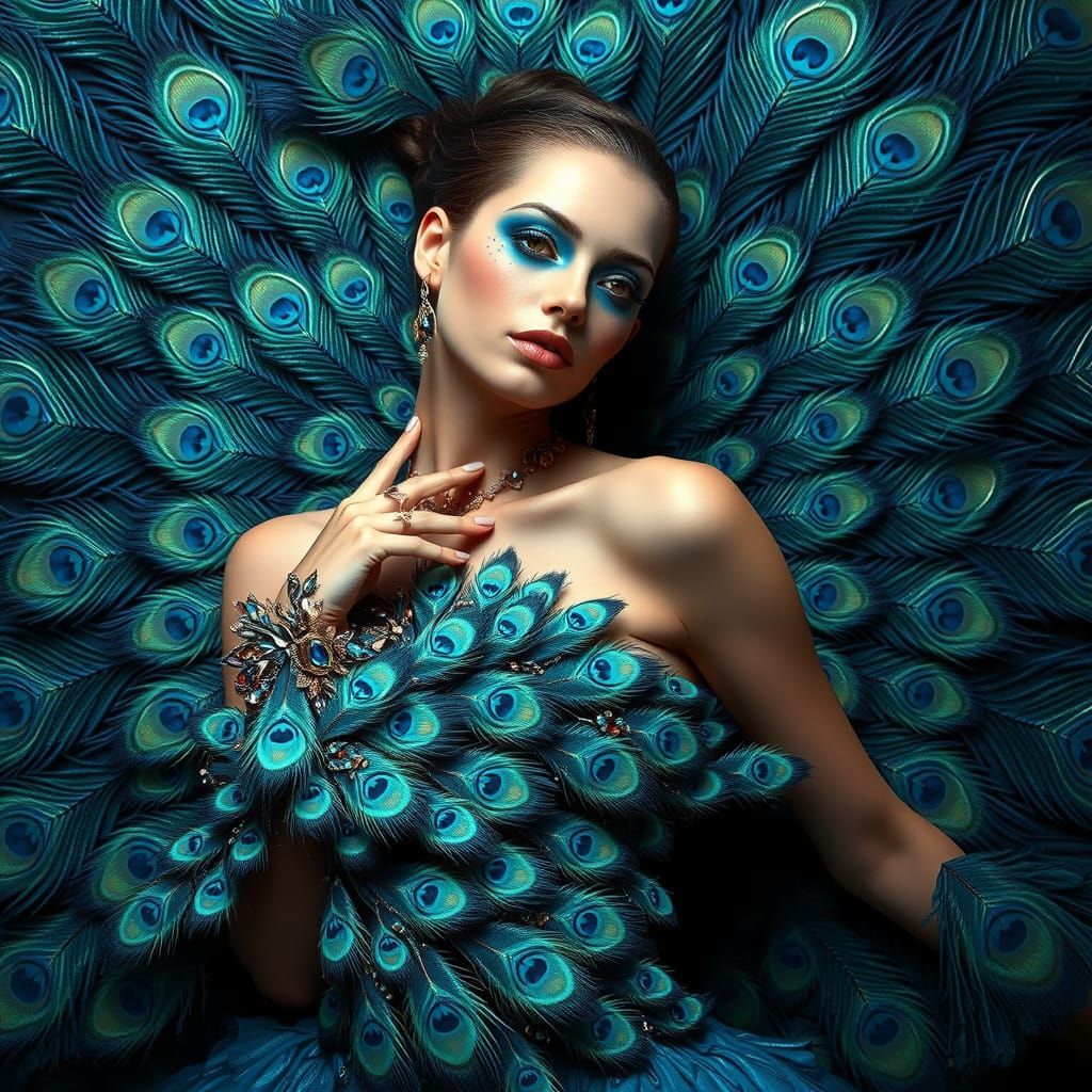 Surreal Fashion Model in Iridescent Peacock Haute Couture