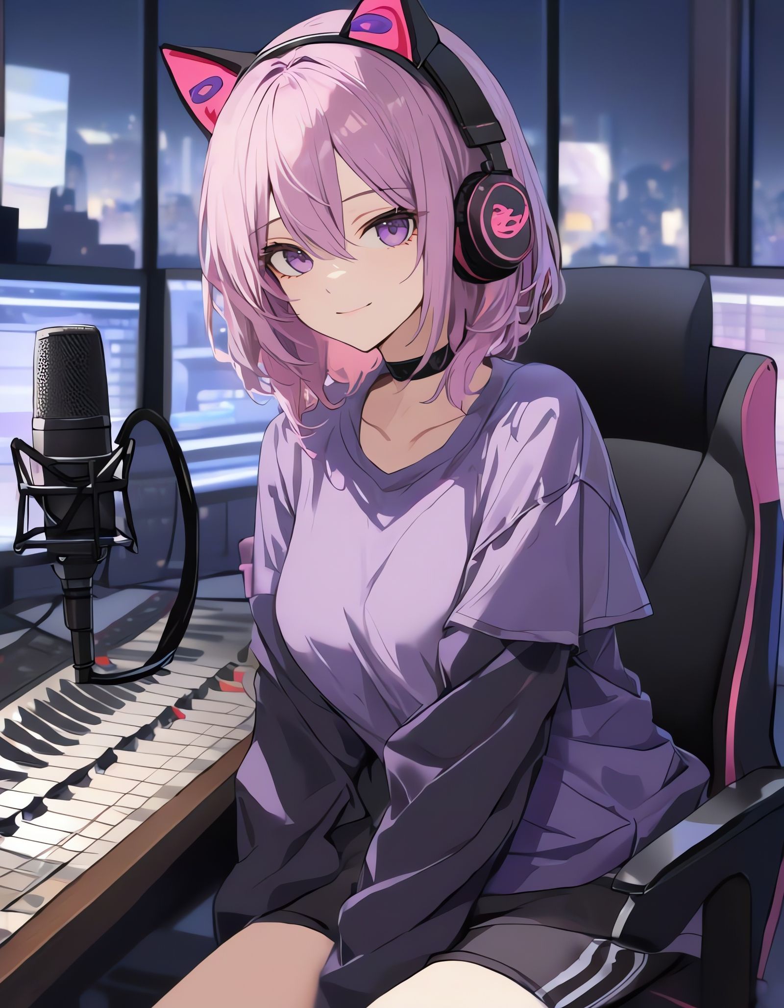 Charming Radio Host with Pink Hair and Purple Cat Ears