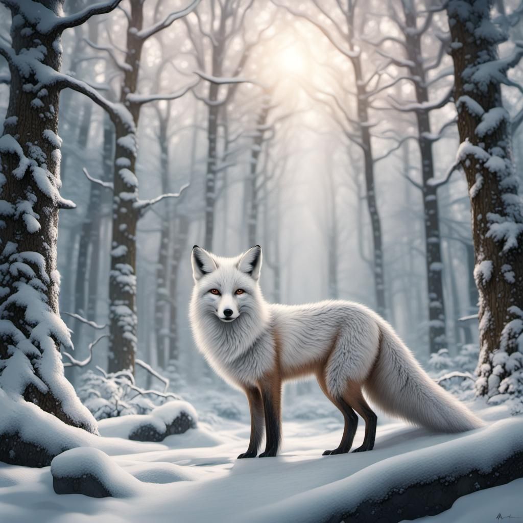 White Fox in Snowy Forest: Digital Matte Painting