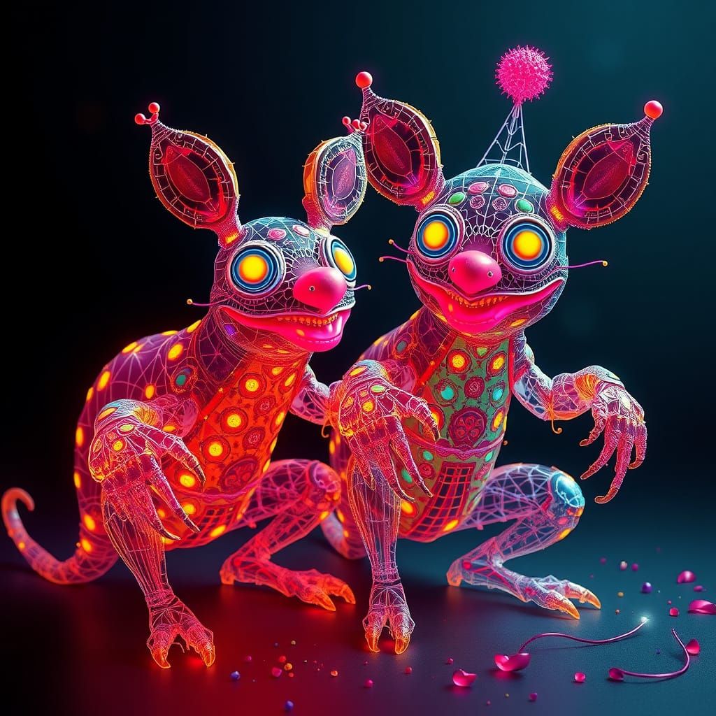 Surreal Wireframe Clowns with Glowing Colors