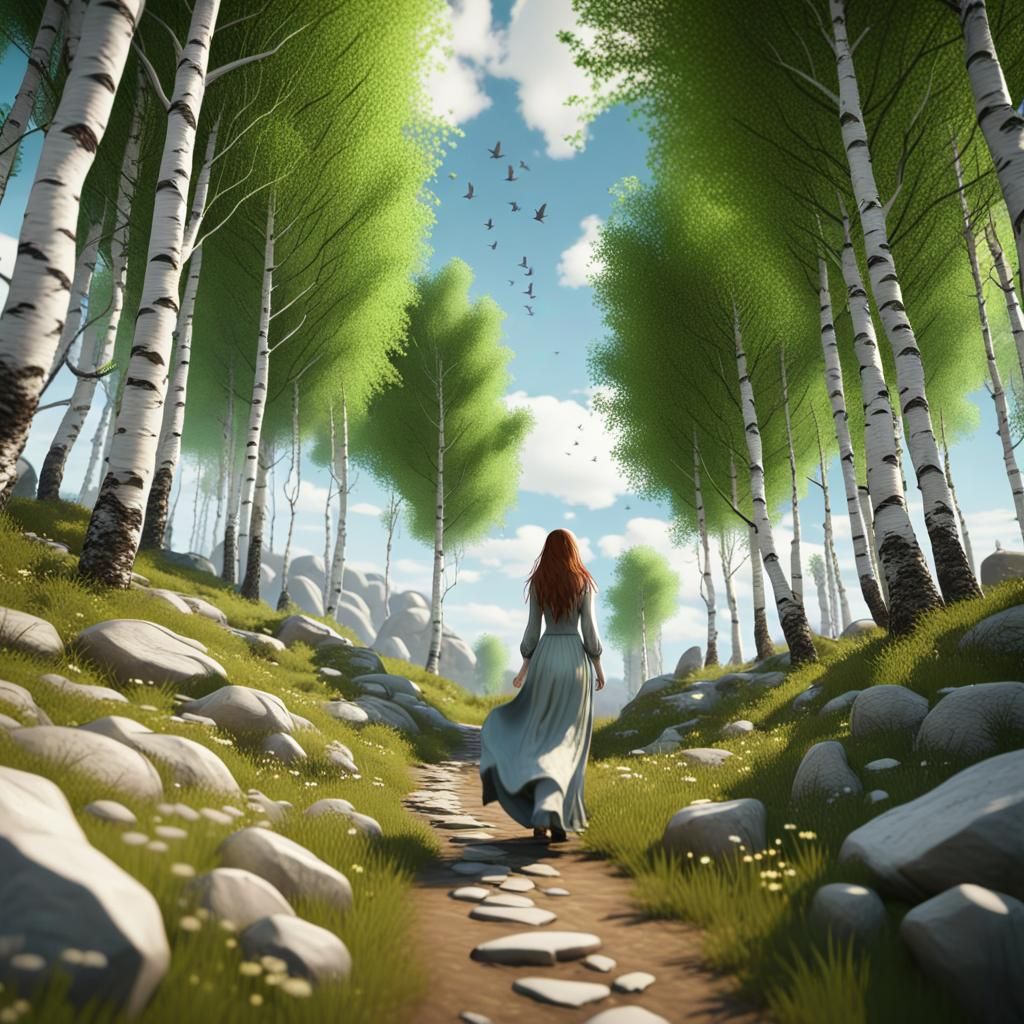 Woman Walks Through Birch Tree Forest