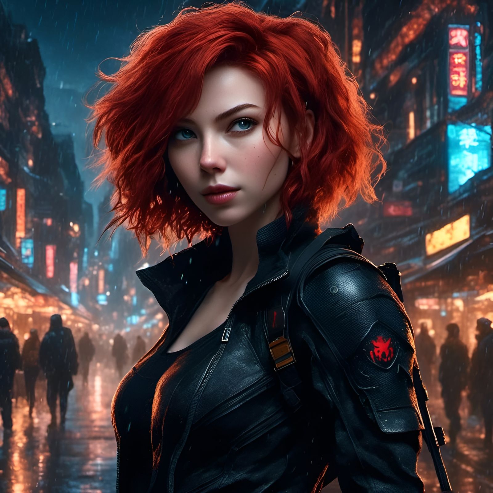 Anime-Style Portrait of Black Widow in City Street