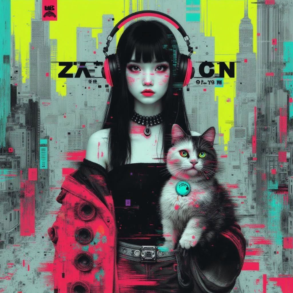 Cyberpunk Woman with Cat in Grunge Manga Style