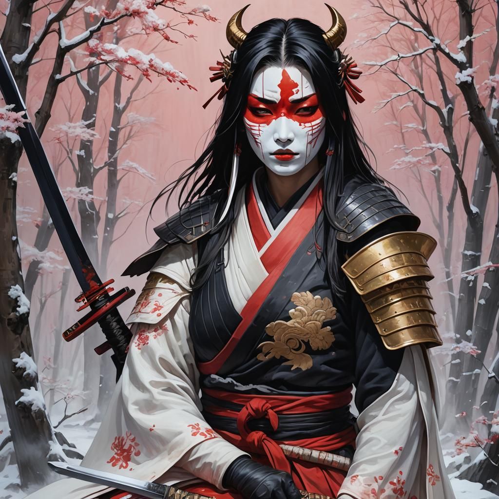 Woman Samurai with Oni Mask in Anime Style