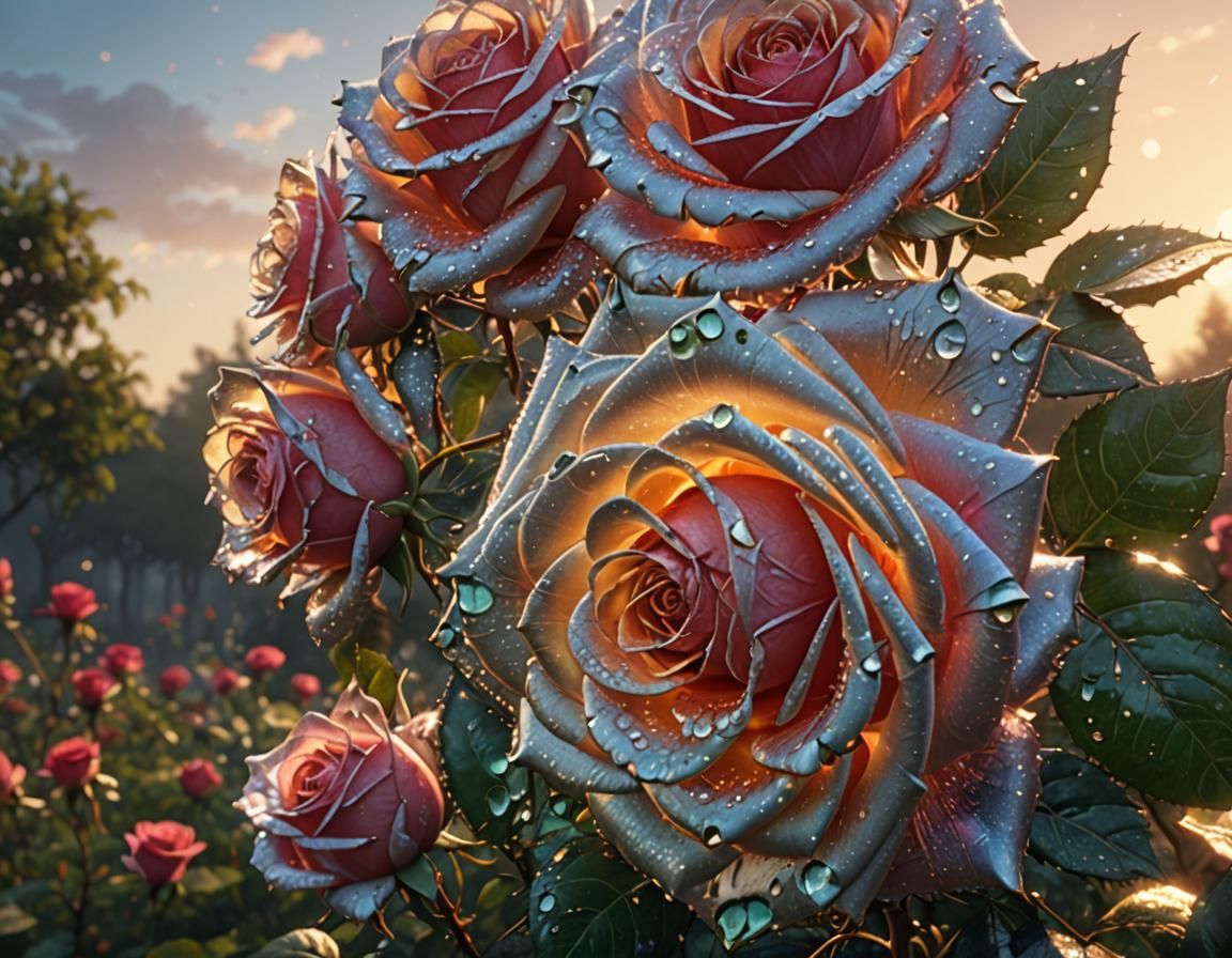 Roses in Dew at Sunrise: Detailed Matte Painting