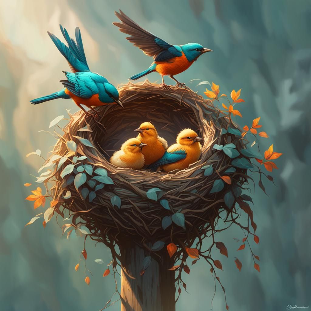 Birds in Nest: Hyperdetailed Concept Art