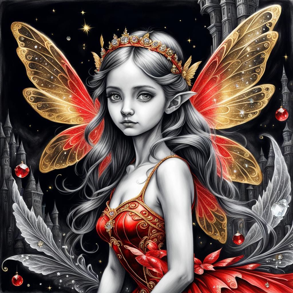 Red Fairy with Crystal Wings: Charcoal Drawing