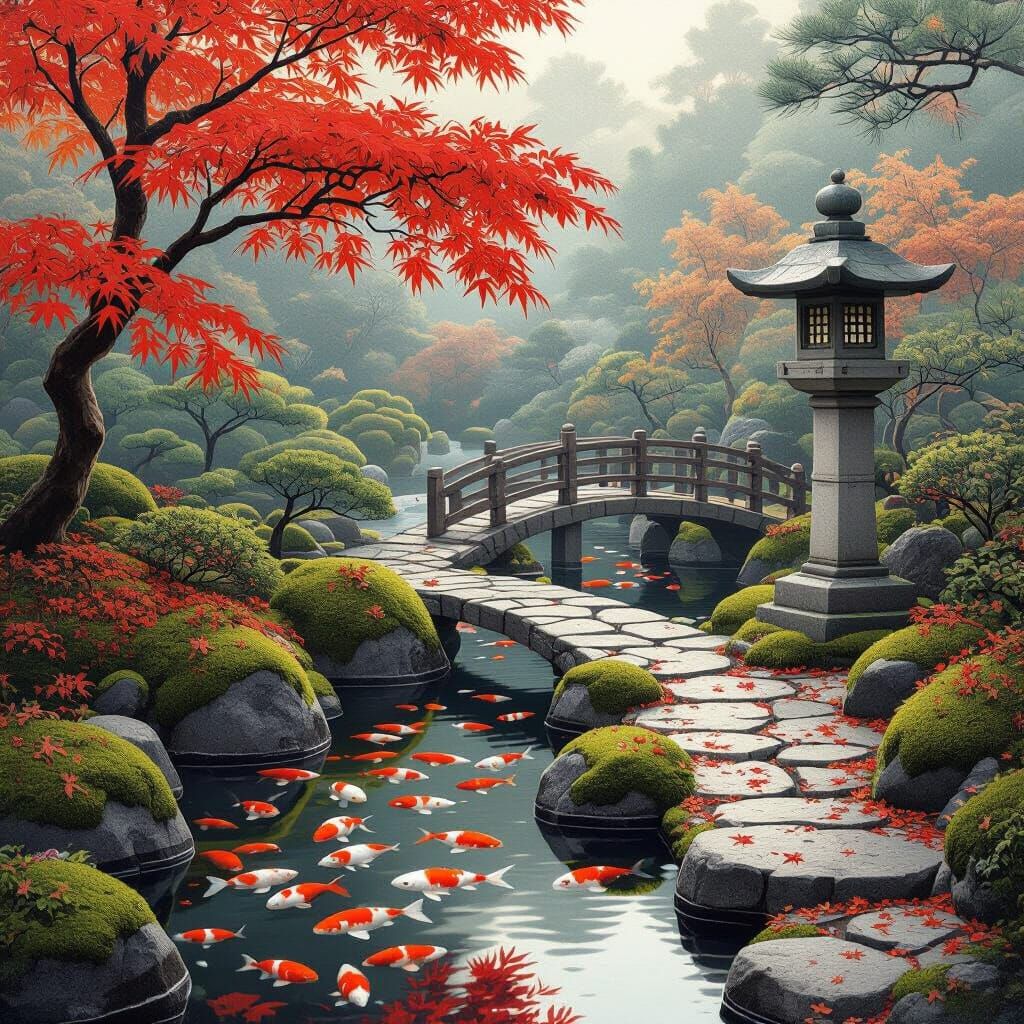 Autumn Serenity: Japanese Garden in Ukiyo-e Style