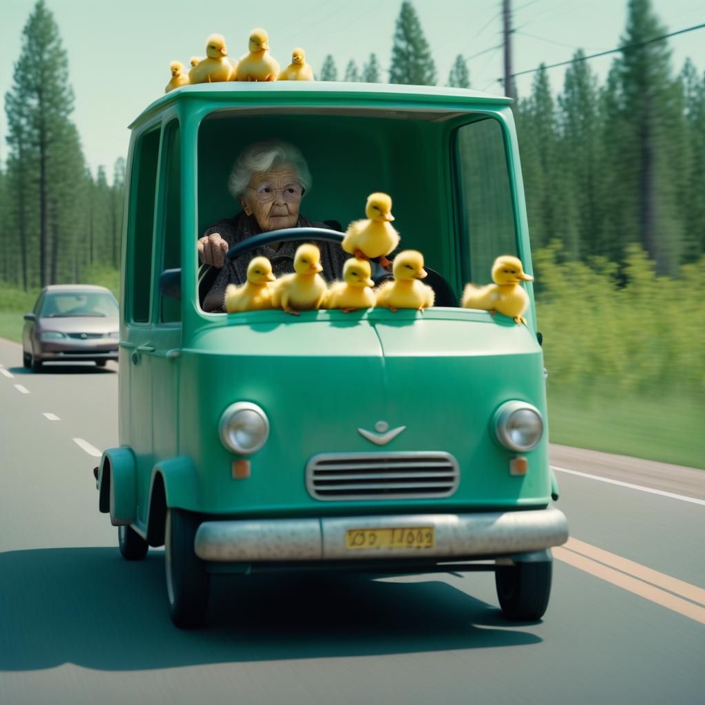 Grandma Drives Toilet Car with Ducklings: Cinematic Still