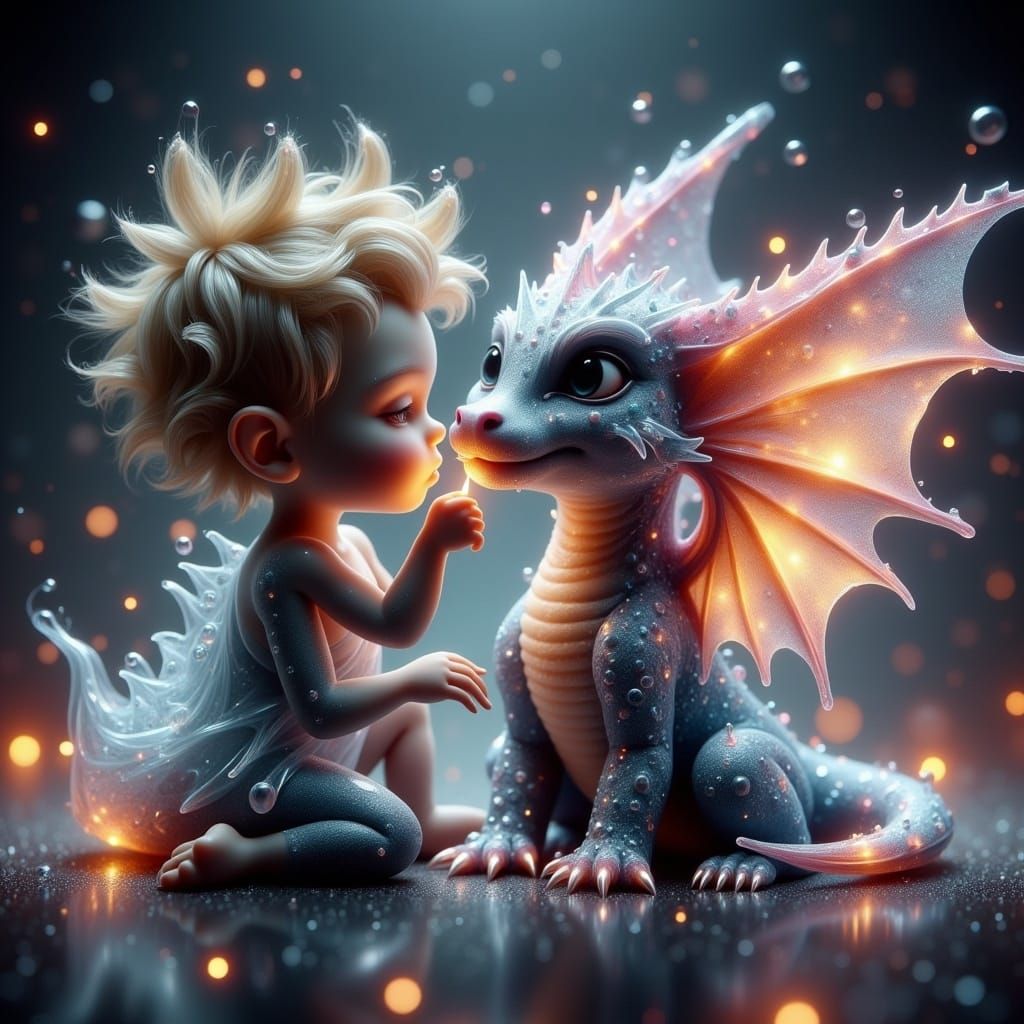 Baby Fairy Kissing a Glimmering Dragon