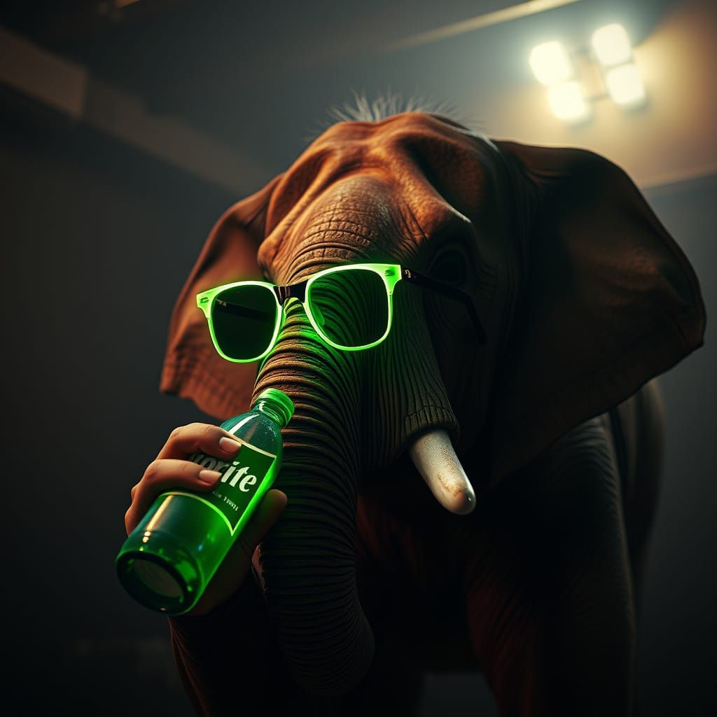 Elephant in Moody Neon-Lit Scene, Drinking Sprite with Attit...