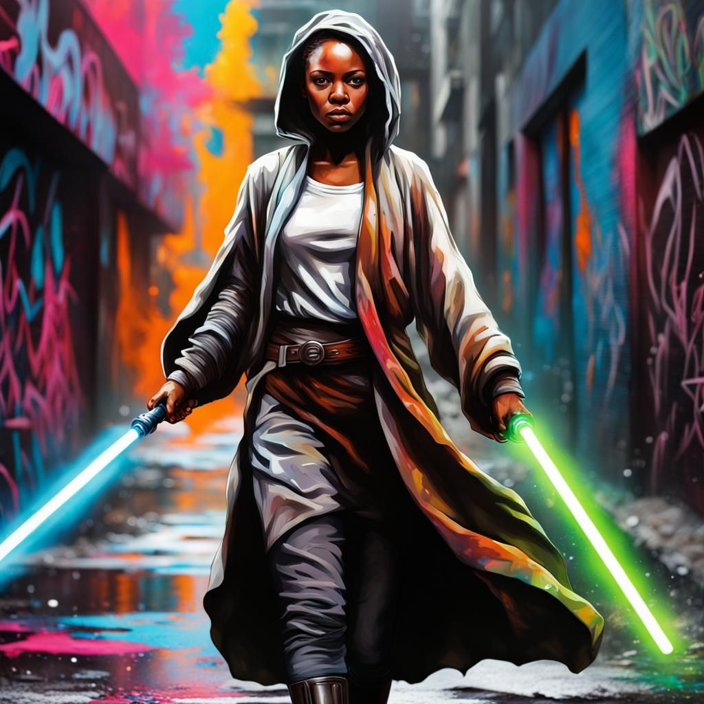 Ebony Jedi with Lightsaber in Graffiti Art Style