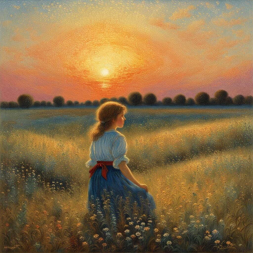 Girl in Field: Pointillist Pastel Drawing