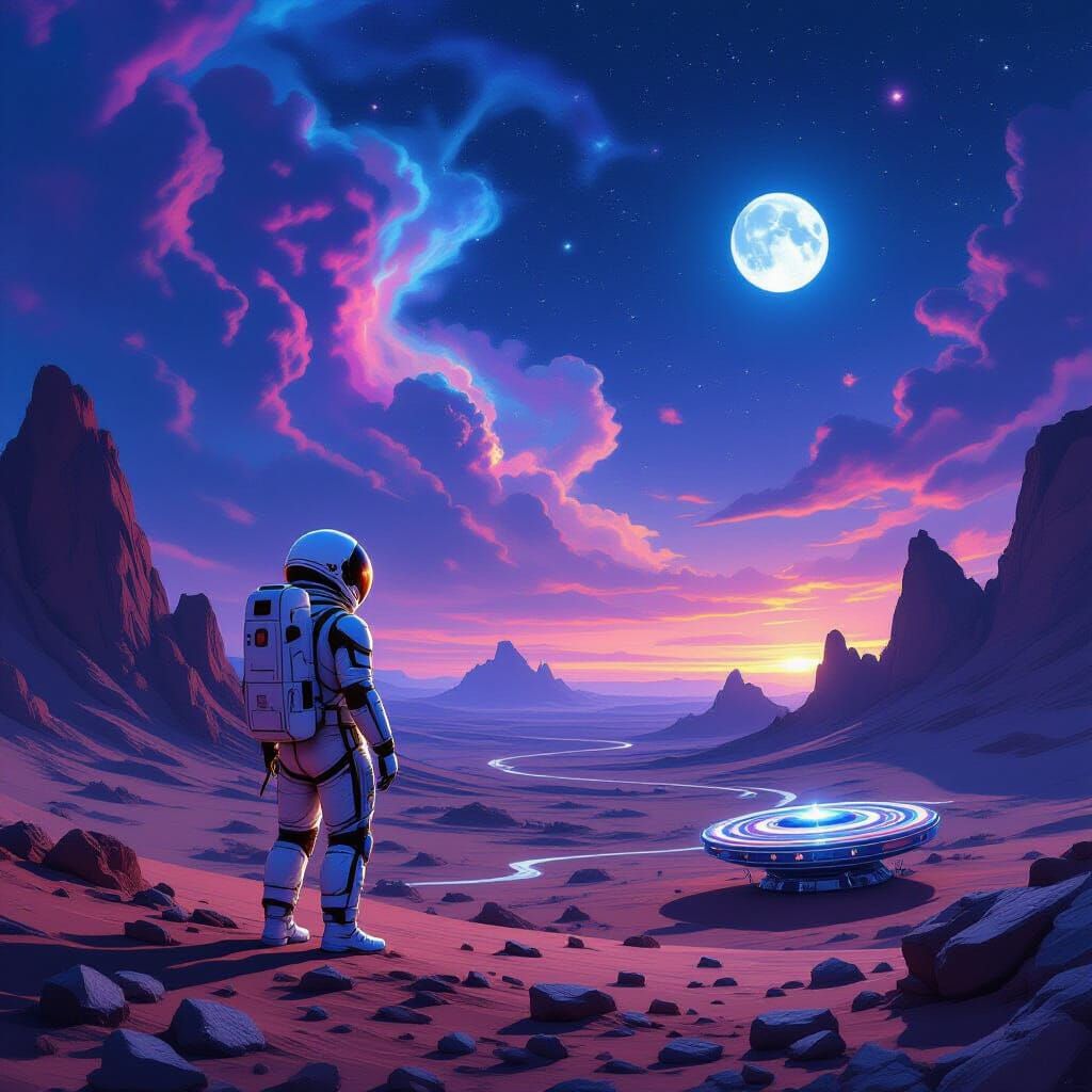 Astronaut Gazes at Earth Carousel on Alien World