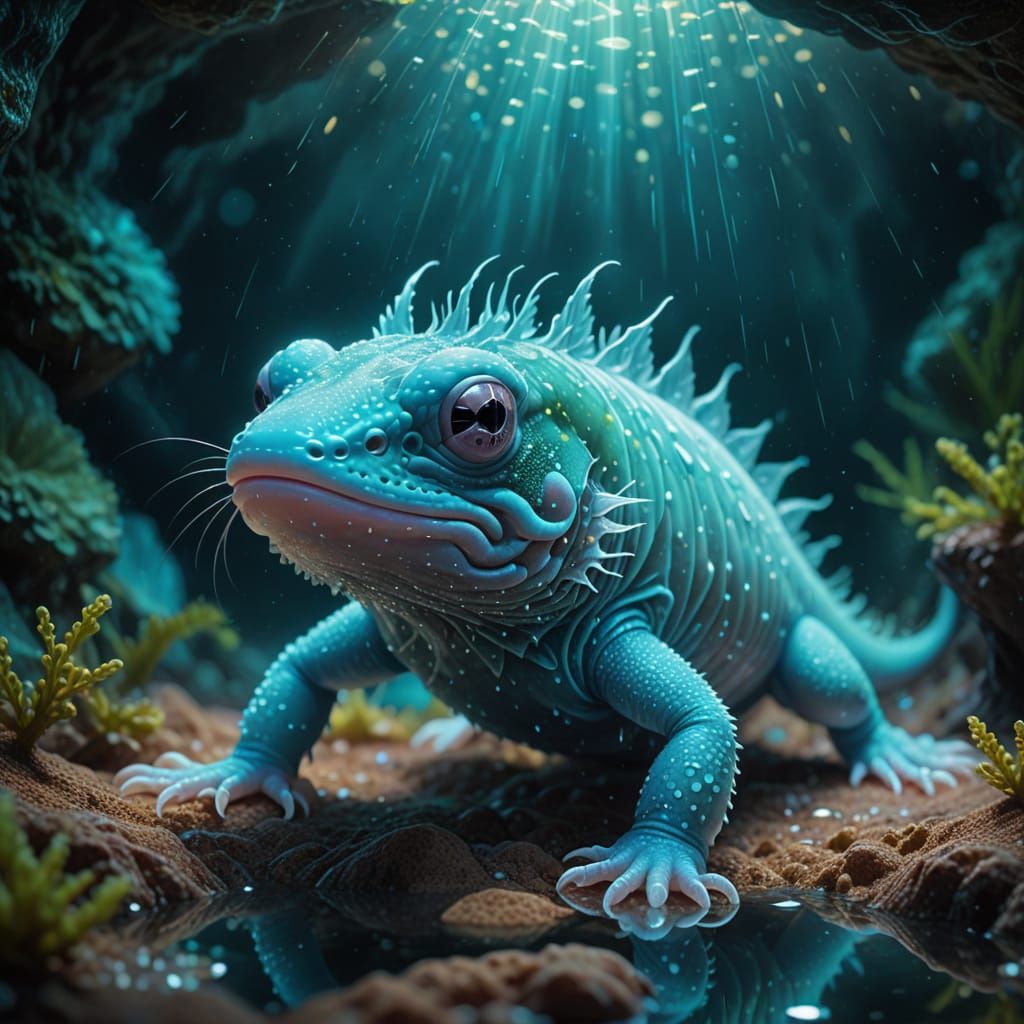 Iridescent Axolotl in Mystical Underwater Realm