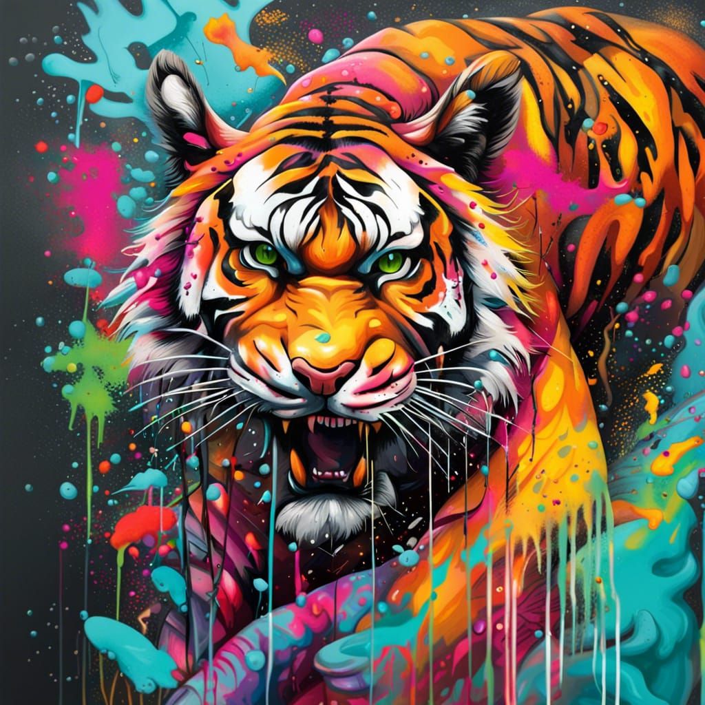 Colorful Tiger Graffiti Art with Splash Effects