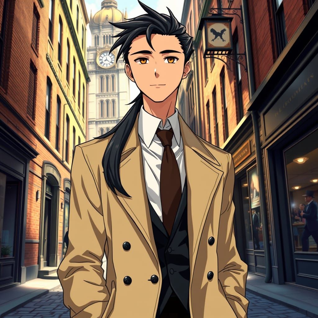 Anime-Style Gentleman Stands in Historic Street Scene