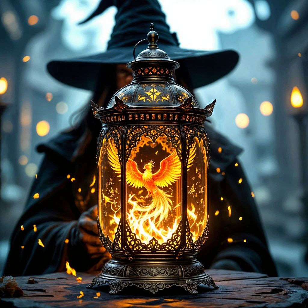 Ornate Phoenix Lantern with Bound Fiery Bird