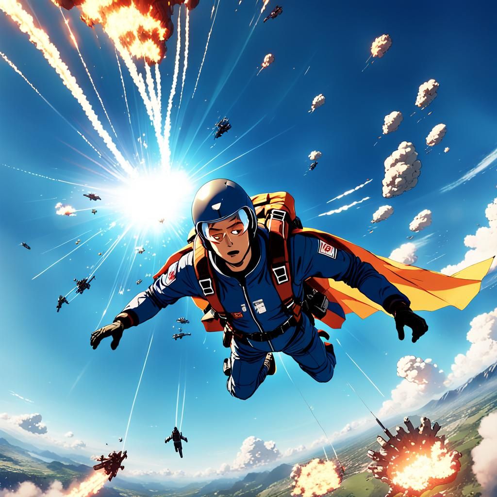 Anime Skydiver in War Zone with Wingsuit