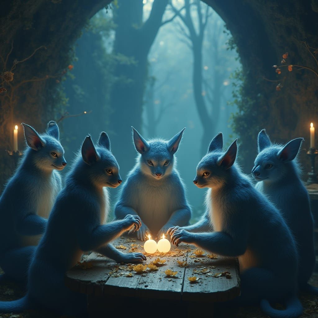 Dreamlike Creatures Gather Around a Crafting Table in a Futu...