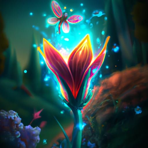 Glowing Flower Surrounded by Fireflies: Digital Matte Painti...
