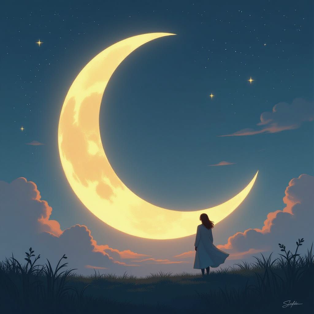 Glowing Crescent Moon in Romantic Space Art Style