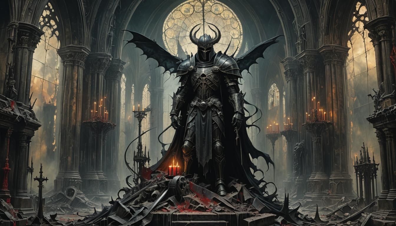 Demonic Knight on Ruined Altar in Dark Surrealism Style